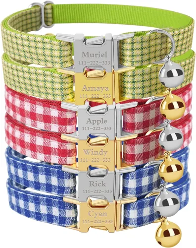 Miniatura 12 de Collar de gato personalizado con placa de nombre, collares ajustables de nailon resistente para identificación de gato con campana, personaliza