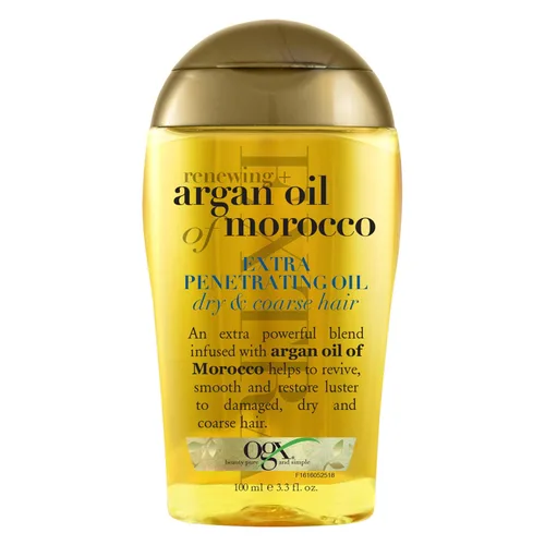 OGX Renewing + Aceite de Argán de Marruecos para el Cabello, tratamiento de suero penetrante extra fuerte para cabello seco, dañado, encrespado,