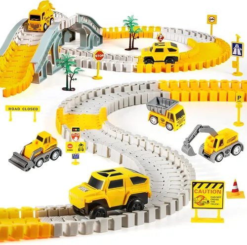 260 PIEZAS Pistas de Carreras de Construcción para Juguetes de Niños, 2 Autos de Carreras, 4 Autos de Construcción, 1 Mapa y Conjunto de Pistas