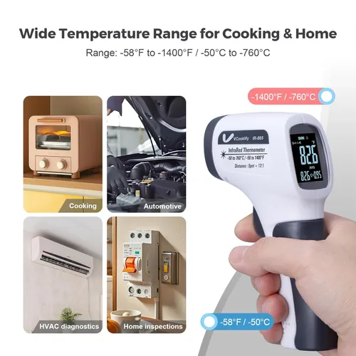 Miniatura 8 de Pistola de temperatura para carne, termómetro infrarrojo automotriz con anillo láser DS12: 1, pistola térmica digital con emisividad ajustable y Gris