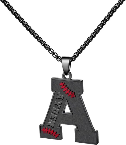 Miniatura 85 de Ldurian Collar personalizado con nombre de béisbol, cadena negra de acero inoxidable, collar con nombre deportivo, letra A-Z de 24 pulgadas, regalos