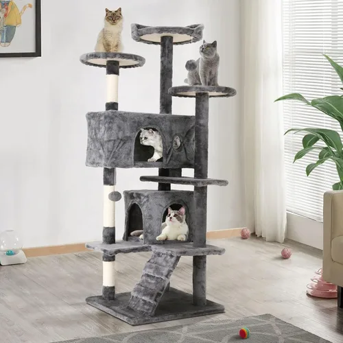 Miniatura 21 de Árbol para gatos resistente con torre de 70 pulgadas de alto, 3 perchas y 2 condominios acogedores, poste de sisal y escaleras para gatos grandes