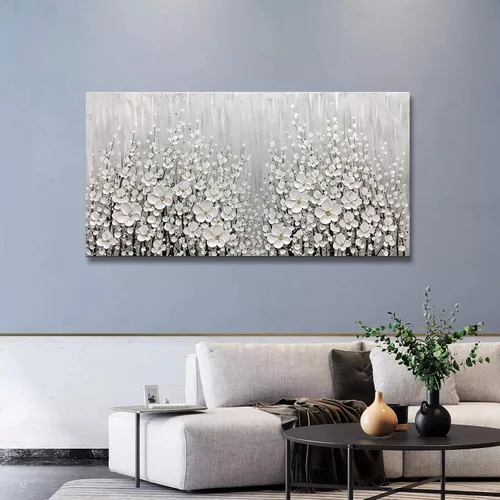 Miniatura 3 de V-inspire Arte, 24x48 Pulgadas Pinturas Blanco Margarita Flor Pintura Al óleo 3D Pintado a Mano Sobre Lienzo Arte Abstracto Arte Madera Dentro