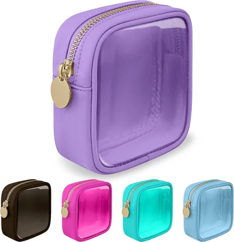 izuzta Bolsa de Maquillaje Pequeña de Nylon, Linda Bolso de Cosméticos Mini, Bolso de Cremallera Preppy, Púrpura, Mini Púrpura-Transparente