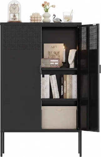 Miniatura 8 de Gabinete de almacenamiento de metal, soporte de TV de 2 puertas, gabinete de acento de malla metálica, cierre de puerta magnético, gabinetes de Negro