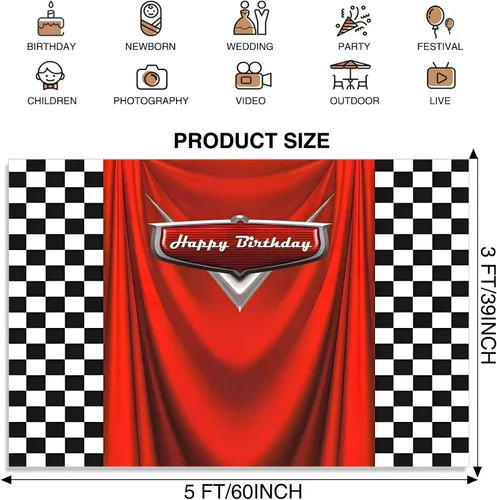 Miniatura 2 de Fondo de cumpleaños de coche con bandera de carreras, 5 x 3 pies, fondo de fotos de carreras a cuadros duradero para decoraciones de cumpleaños