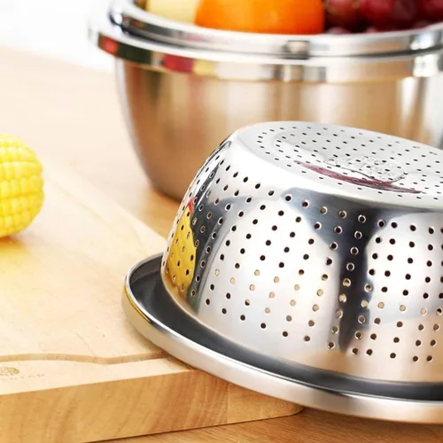 Miniatura 2 de Linkidea Colador de acero inoxidable 304 de 11 pulgadas con cuencos, colador de cocina, lavadora, cesta escurridor con lavabo para verduras, frutas