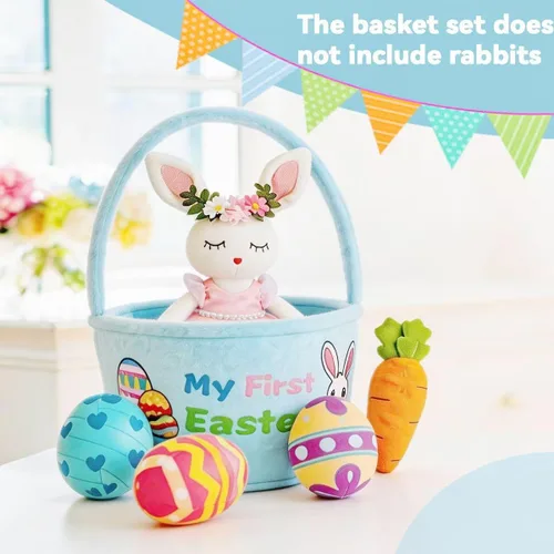 Miniatura 2 de Cesta de peluche de conejo de Pascua, paquete de 5 juguetes de peluche de zanahoria de huevo de Pascua, cestas de regalo para bebés, juguete de caza