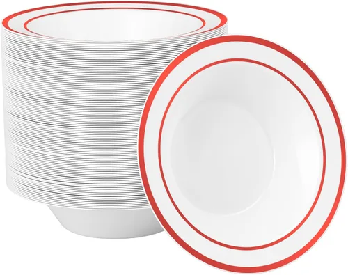 Miniatura 12 de Goodluck Paquete de 50 cuencos de plástico con borde rojo, cuencos de sopa desechables de 12 onzas, cuencos de postre resistentes para bodas