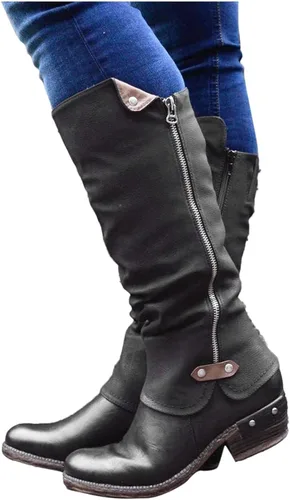 Miniatura 2 de Eduavar - Botas para mujer, con cremallera hasta la rodilla, botas de tacón plano, botas de invierno de pantorrilla ancha, botas de senderismo
