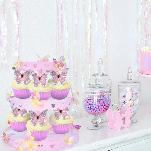 Miniatura 6 de Soporte para cupcakes de mariposa de 3 niveles, decoración de mariposa rosa, soporte para cupcakes de princesa, torre de postre para bodas
