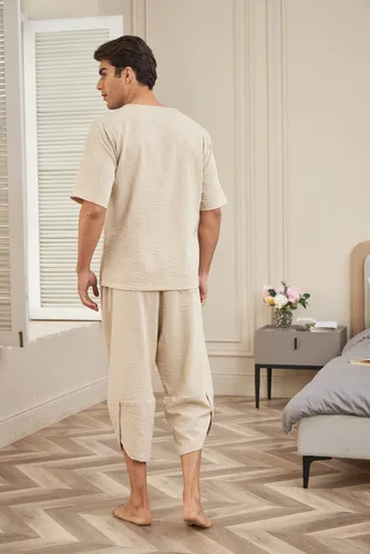 Miniatura 7 de COOFANDY Conjunto de 2 piezas de lino para hombre, camisa Henley de manga corta y pantalones capri harén, pierna ancha, holgados, pantalones de yoga