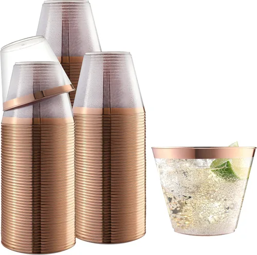 Miniatura 9 de Paquete de 100 vasos de plástico de 9 onzas con purpurina dorada con borde dorado, tazas de fiesta de alta calidad, elegantes y resistentes, bodas