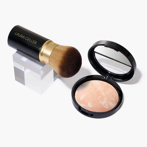 LAURA GELLER NEW YORK Baked Balance-N-Glow - Base iluminadora para corrección de color, Porcelana - Pincel Airbrush Kabuki retráctil (2 piezas)