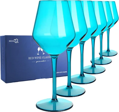 MICHLEY Juego de 6 copas de vino de colores de tallo largo, color rojo y blanco, cristalería de plástico de tritán, regalo de 15 onzas para fiestas