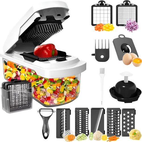 Picador de Verduras con Recipiente - Rebanadora Mandolina 15 en 1, Cortador de Alimentos, Cortador de Cebolla y Rallador de Queso - Picador Manual