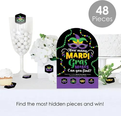 Miniatura 2 de Big Dot of Happiness Máscara colorida de Mardi Gras, caza del tesoro para fiesta de máscaras, 1 soporte y 48 piezas de juego, juego de ocultar