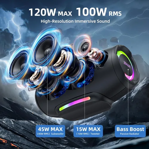 Miniatura 2 de ZEALOT Altavoz Bluetooth de 120 W (pico) con graves profundos, altavoz inalámbrico portátil con luz RGB, altavoz impermeable IPX6 para exteriores