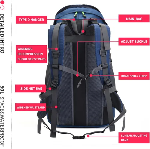 Miniatura 9 de Bseash Mochila de senderismo de 50 L, resistente al agua, ligera, mochila deportiva para deportes al aire libre, bolsa de viaje para camping, Azul