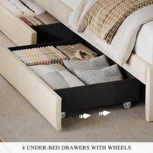 Miniatura 6 de DWVO Base de cama de tamaño matrimonial con cabecera ajustable, 4 cajones de almacenamiento y estación de carga, marco de cama tapizado de Beige