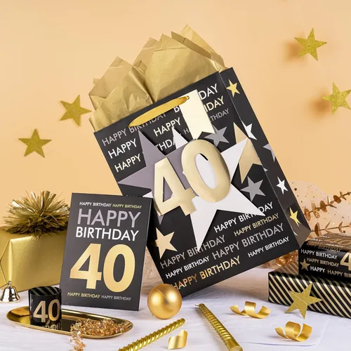 Miniatura 2 de Loveinside Bolsa de regalo de cumpleaños con papel de seda y tarjeta de felicitación para cumpleaños 40 – 10 x 5 x 13 pulgadas, 1 unidad, oro negro