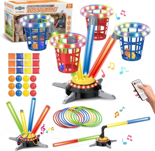TERRAMUS Juego de Lanzamiento de Anillos de Puf 3 en 1 para Niños, Juegos de Salto Musical Recargables con Luz LED y Control Remoto, Base Giratoria