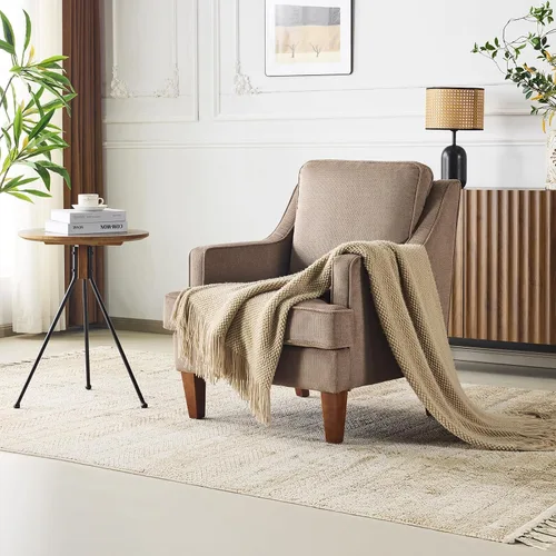 Miniatura 8 de VINGLI Juego de 2 sillas decorativas modernas de mediados de siglo, sillón tapizado marrón claro, cómodos sillones de lectura, respaldo alto