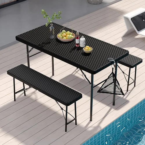 Miniatura 4 de VECELO Mesa de picnic plegable de 3 piezas con 2 bancos, juego de patio de ratán sintético de 47.2 pulgadas con bolsa de malla, resistente al calor