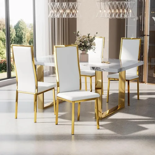 Juego de 4 sillas de comedor modernas, de piel sintética blanca con patas de metal cromado dorado, diseño de respaldo alto curvo y acolchado en