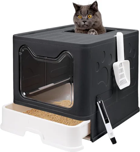 Caja de arena plegable para gatos con tapa, orinal cerrado, inodoro grande de entrada superior antisalpicaduras, fácil de limpiar, incluye pala para