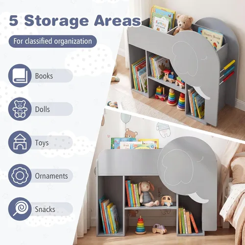 Miniatura 4 de Costzon Estantería elefante para niños, organizador de almacenamiento de juguetes de 3 niveles con pizarra, 5 cubos y juguete de ábaco de 3 filas