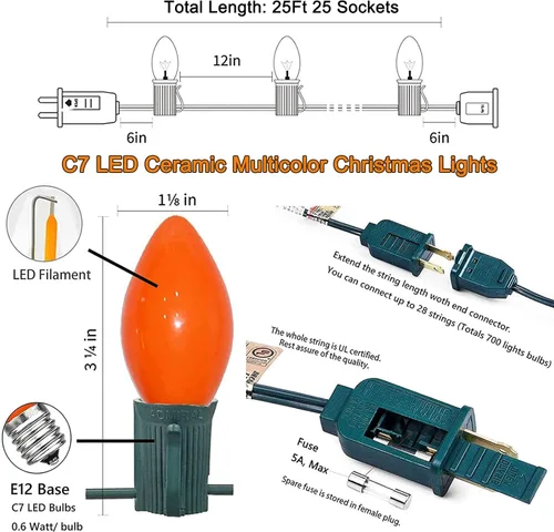 Miniatura 2 de C7 Luces de Navidad para Exteriores 25 Pies Luces de Cadena LED de Navidad con 27 Bombillas LED Multicolor (2 de Repuesto), Luces de Cadena