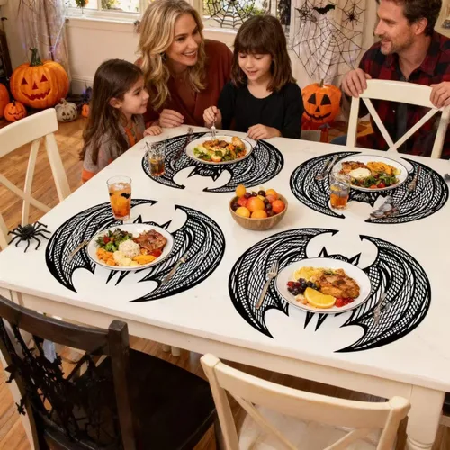Miniatura 4 de Juego de 12 manteles individuales con forma de murciélago de Halloween, lavables, color negro, gótico, decoración de mesa para interiores