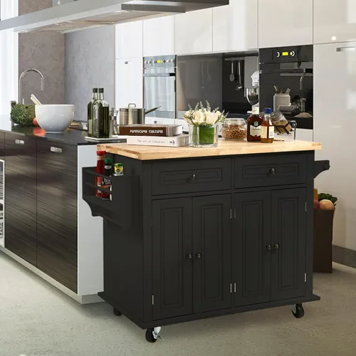 Miniatura 5 de NSdirect Carrito de isla de cocina, barra de cocina y carrito de servicio, ruedas con estante para especias, toallero, carrito de almacenamiento