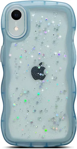 Miniatura 26 de Qokey Funda para iPhone 12 Pro Max de 6.7 pulgadas, diseño de onda rizada, borde transparente, brillante con purpurina, estrella brillante, bonita