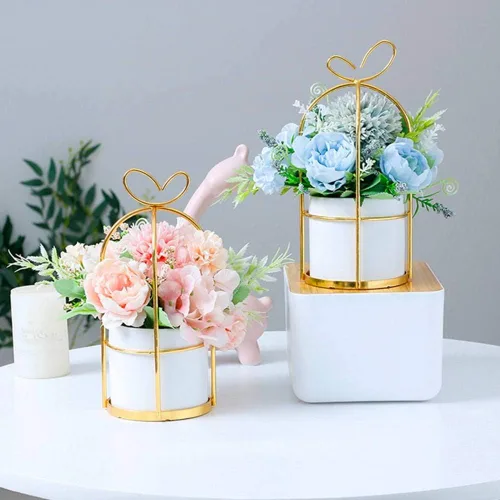 Miniatura 6 de KIRIFLY Flores artificiales falsas en jarrón, peonía sintética, hortensias de seda, centros de mesa para decoración de mesa de boda (rosa en dorado)