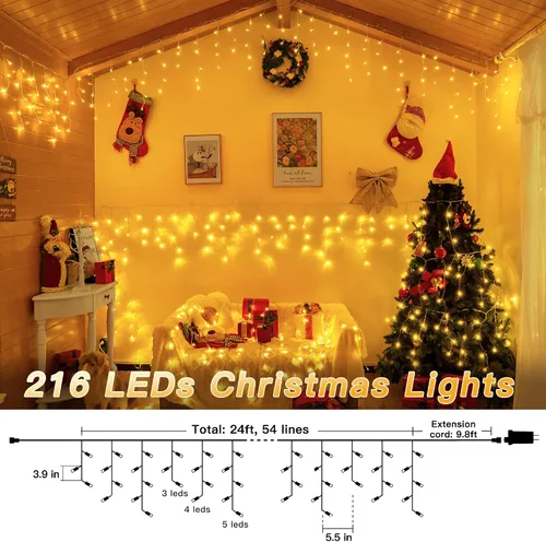 Miniatura 2 de Luces de carámbano para exteriores, 216 LED de 24 pies, luz de Navidad impermeable para exteriores con 8 modos y temporizador, luces de carámbano