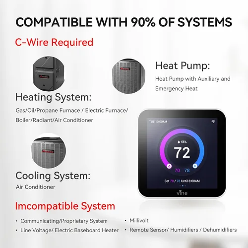 Miniatura 2 de Vine Termostato inteligente programable TJ-560 de 4 pulgadas con pantalla táctil completa para el hogar con control de aplicaciones, ahorro