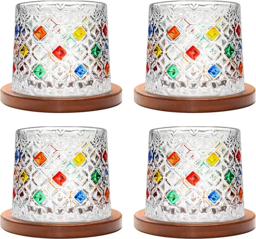 Miniatura 23 de Vaso de vidrio antiguo giratorio, 275ml/10oz de vidrio de whisky de cristal, posavasos de madera, engrosamiento, utilizado como vaso de ron, vaso