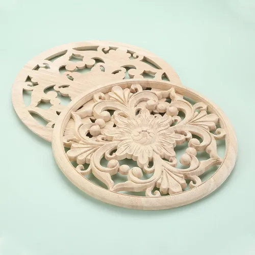 Miniatura 7 de MUXSAM Apliques decorativos de madera, 1 pieza redonda de madera, calcomanías talladas sin pintar, decoración central para el hogar, armario, camas