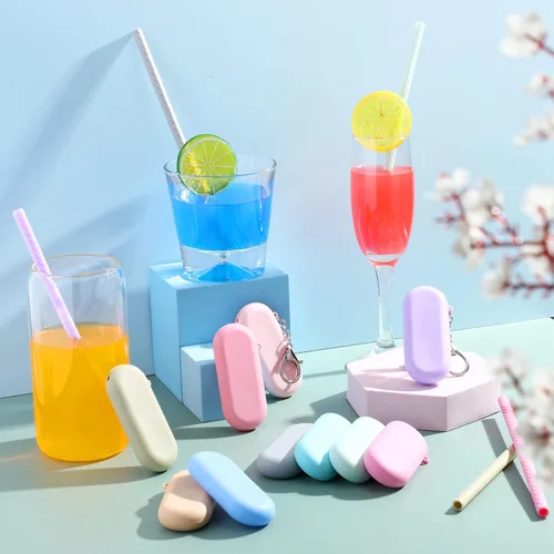 Miniatura 5 de Irenare Juego de 20 popotes de silicona con estuche, reutilizables, plegables, portátiles, de viaje, para beber en frío o caliente, con funda