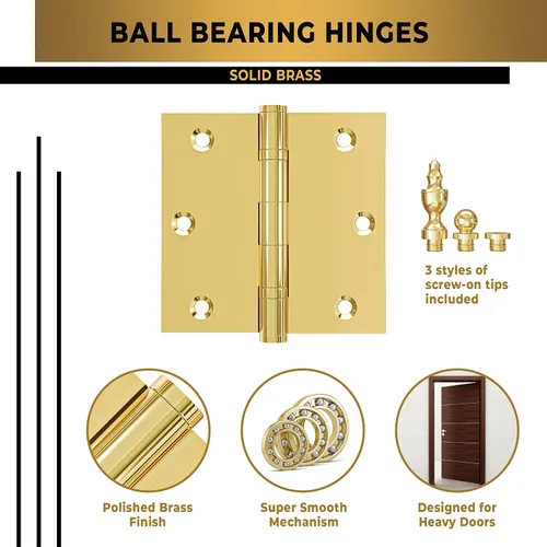 Miniatura 3 de Bisagra de puerta de latón macizo, rodamiento de bolas, oro brillante pulido de 3.5 x 3.5 pulgadas, con puntas decorativas de rosca incluidas, juego