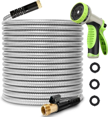 Manguera de jardín de metal de 25 pies, manguera de agua flexible de acero inoxidable 304, sin torceduras ni enredos, tubería resistente con