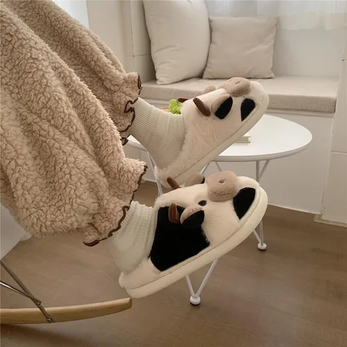Miniatura 3 de Pantuflas de vaca, pantuflas para mujeres y hombres, bonitas pantuflas mullidas, pantuflas kawaii de dibujos animados de algodón de felpa