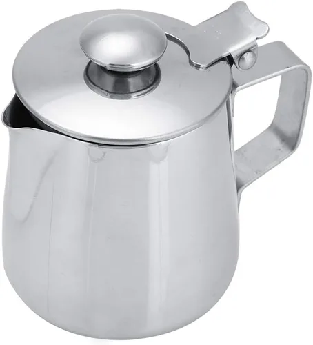 Jarra de espuma de leche con tapa, vaporizador de leche, espumador de café para café, capuchino, latte, arte de acero inoxidable (20.3 fl oz)