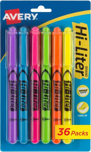 Avery Resaltadores estilo bolígrafo Hi-Liter, tinta segura para manchas, punta de cincel, colores fluorescentes surtidos (morado, azul, rosa, verde,