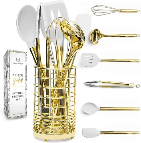 Juego de utensilios de cocina de silicona blanca y dorada con soporte dorado para utensilios – 7 piezas de silicona – Ideal para utensilios de