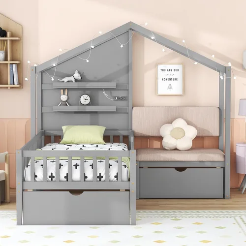 Miniatura 21 de RUNNA Marco de cama de madera de tamaño matrimonial con valla, para niños, adolescentes, niñas, niños, (Natural-Thinck 4col)