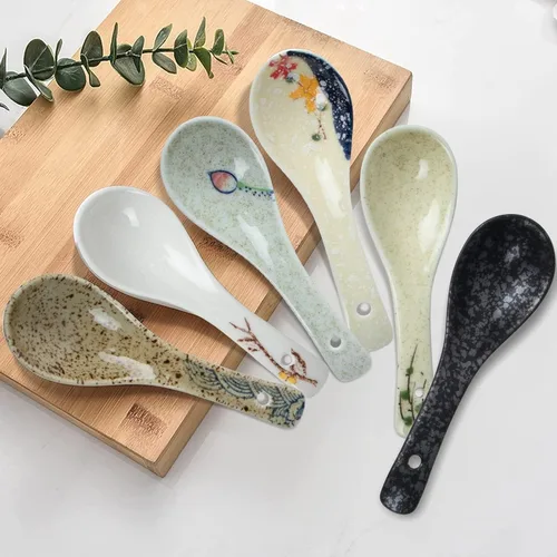Miniatura 8 de 6 Piezas de Cucharas de Sopa de Cerámica Japonesa Retro, Cucharas de Sopa Asiáticas, Cucharas de Arroz de Estilo Japonés, Cubiertos Planos, Cucharas