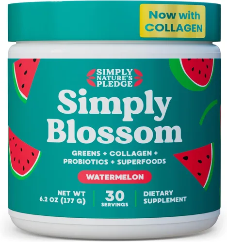 Simply Blossom Nutrition Daily Greens & Superfood Powder + Colágeno + Probióticos para la salud digestiva de las mujeres y alivio de la hinchazón.